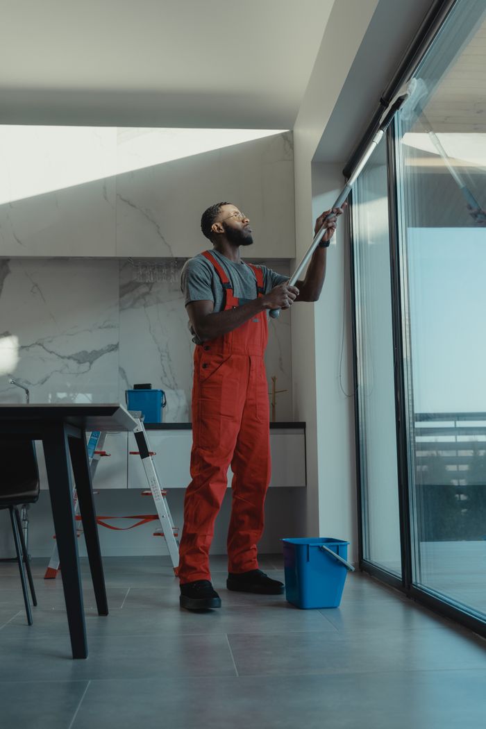 services-03 A man in coveralls cleans a large window in a stylish, modern home interior.